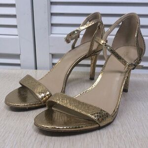 Micheal Kors Simone Ankle Strap Gold Snakeskin Leather Heels Sandals 8.5M